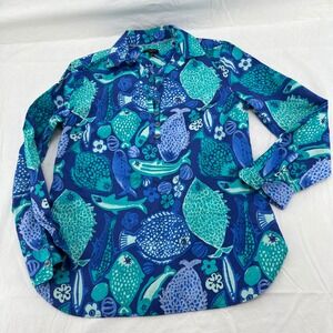 Talbots Petites Blue Fish Print Cotton Tunic Top Nautical Anchor Buttons Size P